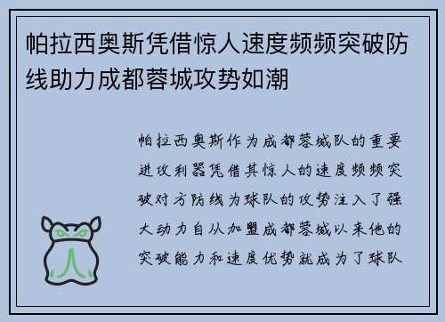 帕拉西奥斯凭借惊人速度频频突破防线助力成都蓉城攻势如潮